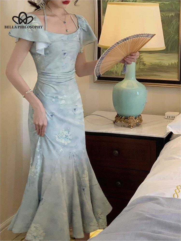 

Летнее женское облегающее элегантное платье русалки в китайском стиле с цветочным принтом Ципао на свадьбу, вечер, день рождения, женский халат Cheongsam L