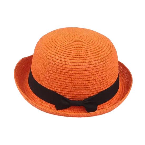 Parent-child Beach Hat Dome Curved Brim UV Protection Hat Handwoven Summer Outdoor Straw Hat with Black Satin Ribbon Bow