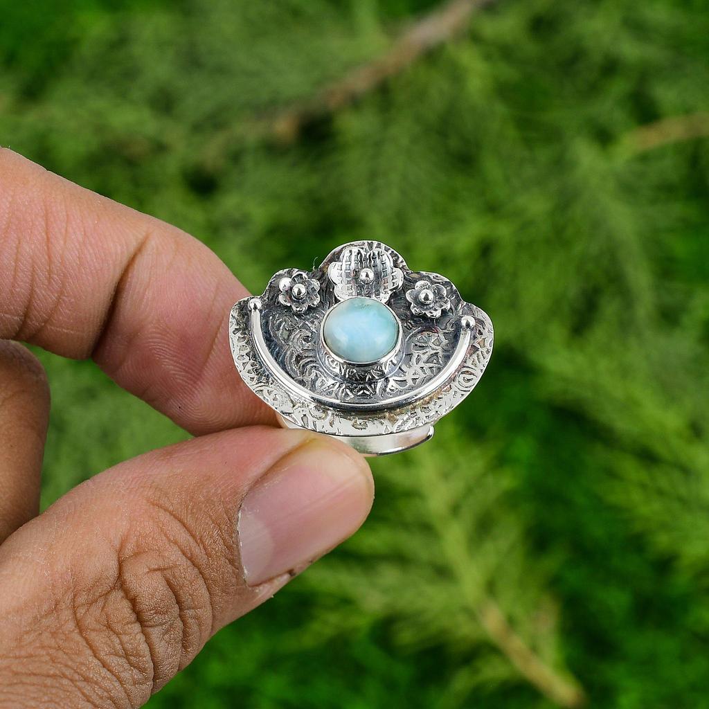 Mothers day Sale Natural Larimar Promise Flower Handmade Ring Jewelry 925 Silver