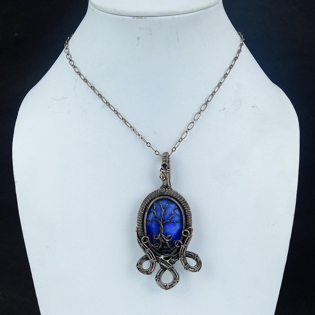 Blue Sapphire Pendant, Handmade Gemstone Pendant, 999 Copper Wire Wrapped Pendant Antique Jewelry, For Engagement Gift