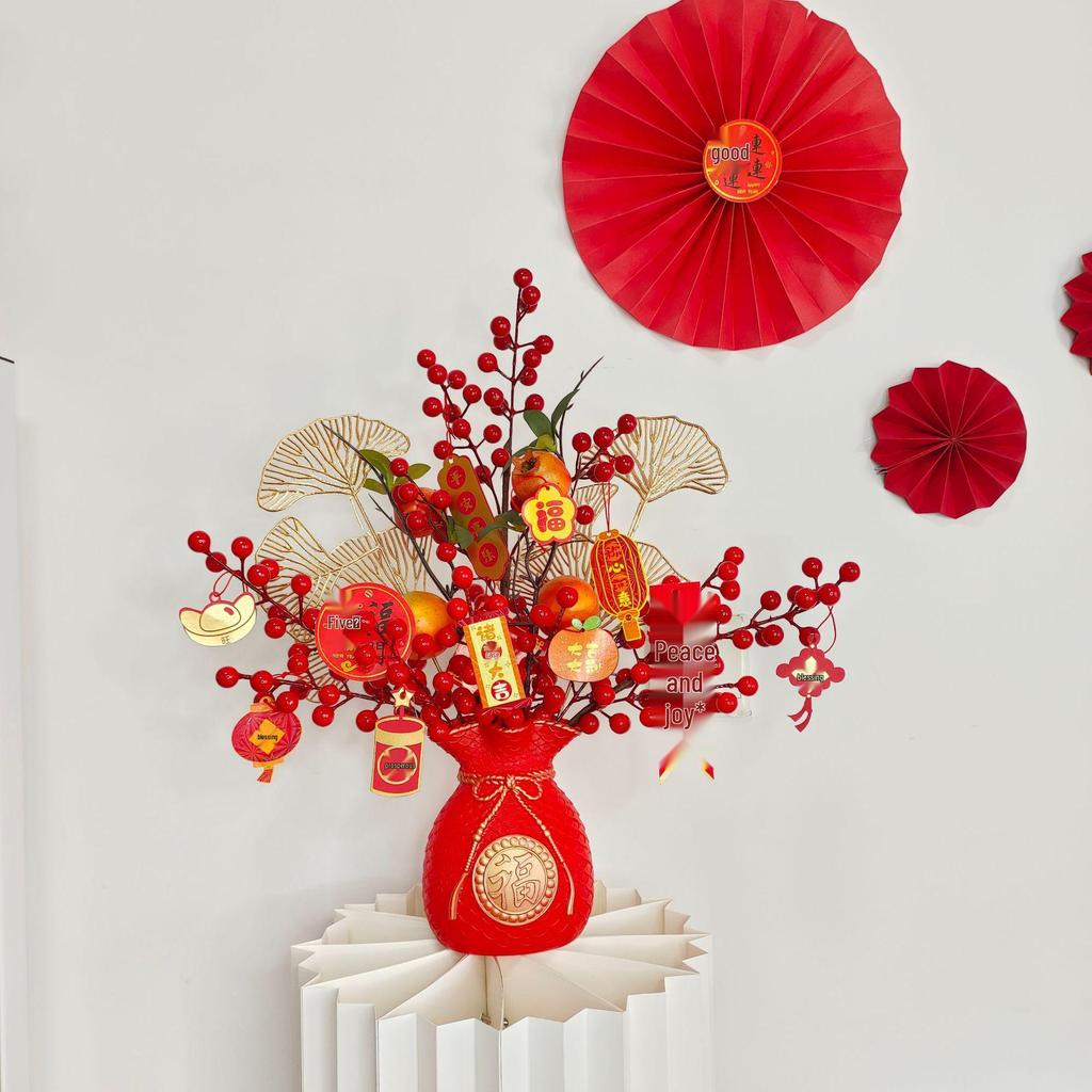 Fortune Bucket New Year Decoration Set - Festive Ornaments for Bedroom and Living Room with Flowers and Fu Character.