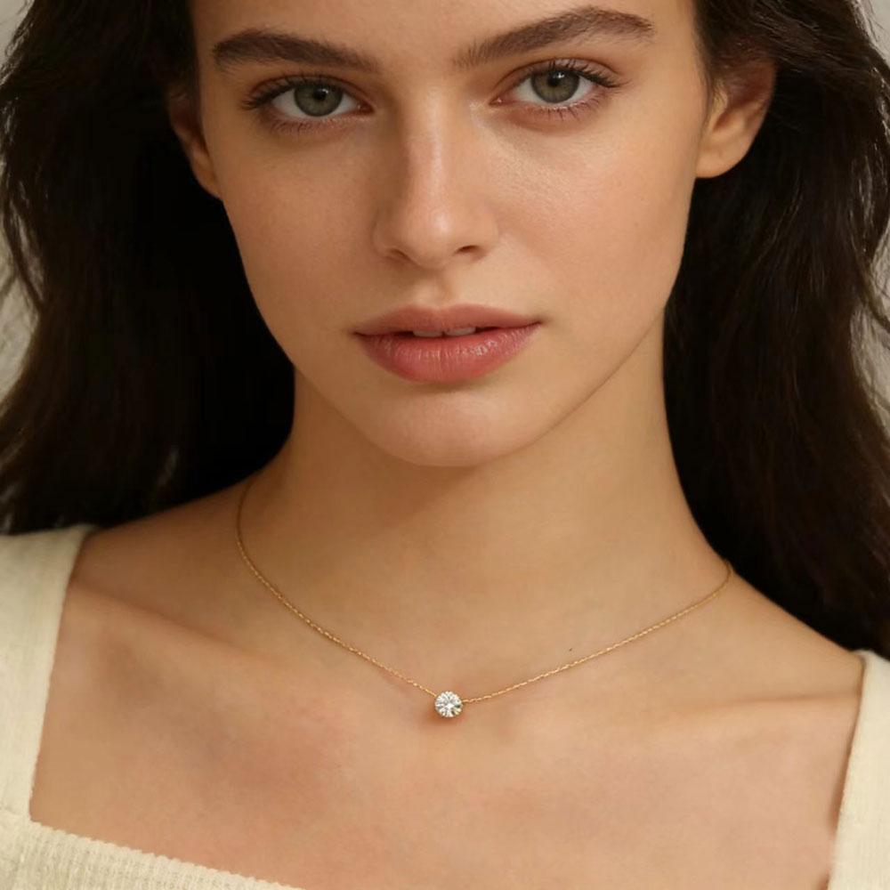 Minimalist Solitaire Zircon Charm Necklace Anti Tarnish Stainless Steel Chain Round Clear Cz Stone Necklace