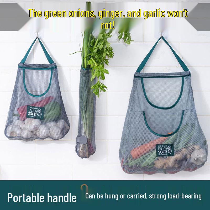 Wall-Mounted Breathable Mesh Bag for Fruit, Vegetable, Garlic & Ginger Storage Gray Slender