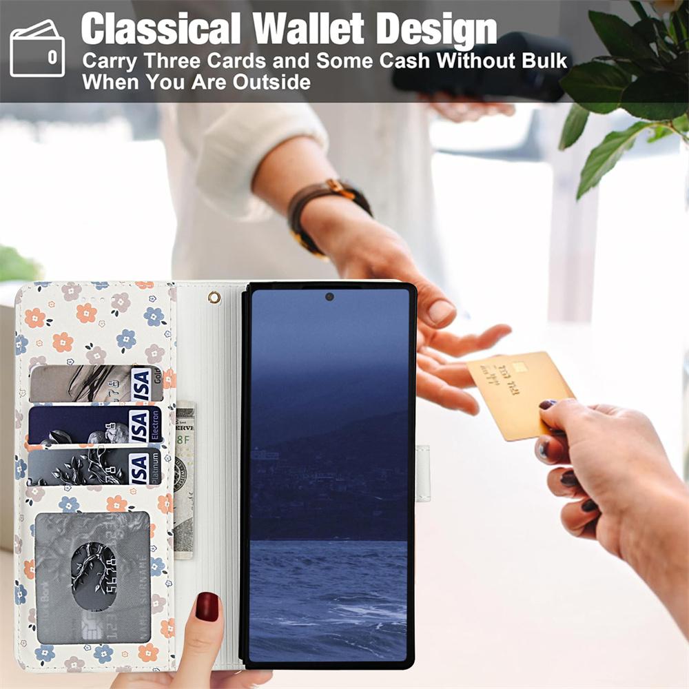 White Leather Colorful Flowers Wallet Flip Phone Case For Samsung Z Fold 7 6 5 4 5G Soft Wrist Strap Shockproof Cover