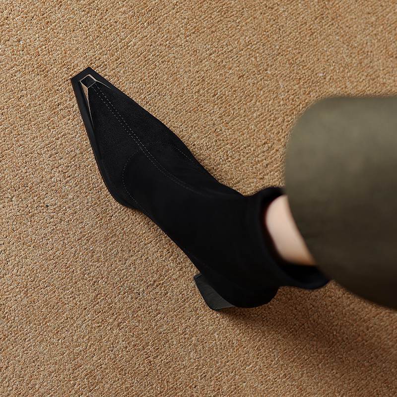 Krazing Pot Flock Autumn Winter Shoes Metal Decoration Thick High Heels Big Size 40 Modern Boots Square Toe Keep Warm Slip On Ankle Boots