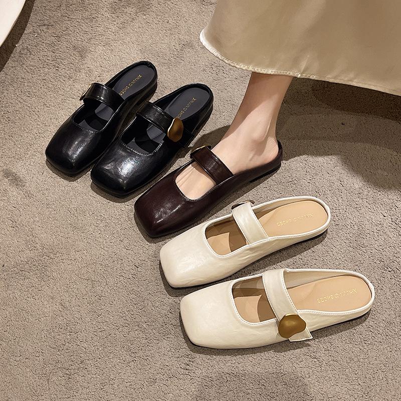 Baotou half slippers women's outer wear 2025 spring and summer new women's shoes flat bottom one pedal gentle temperament Muller single shoes