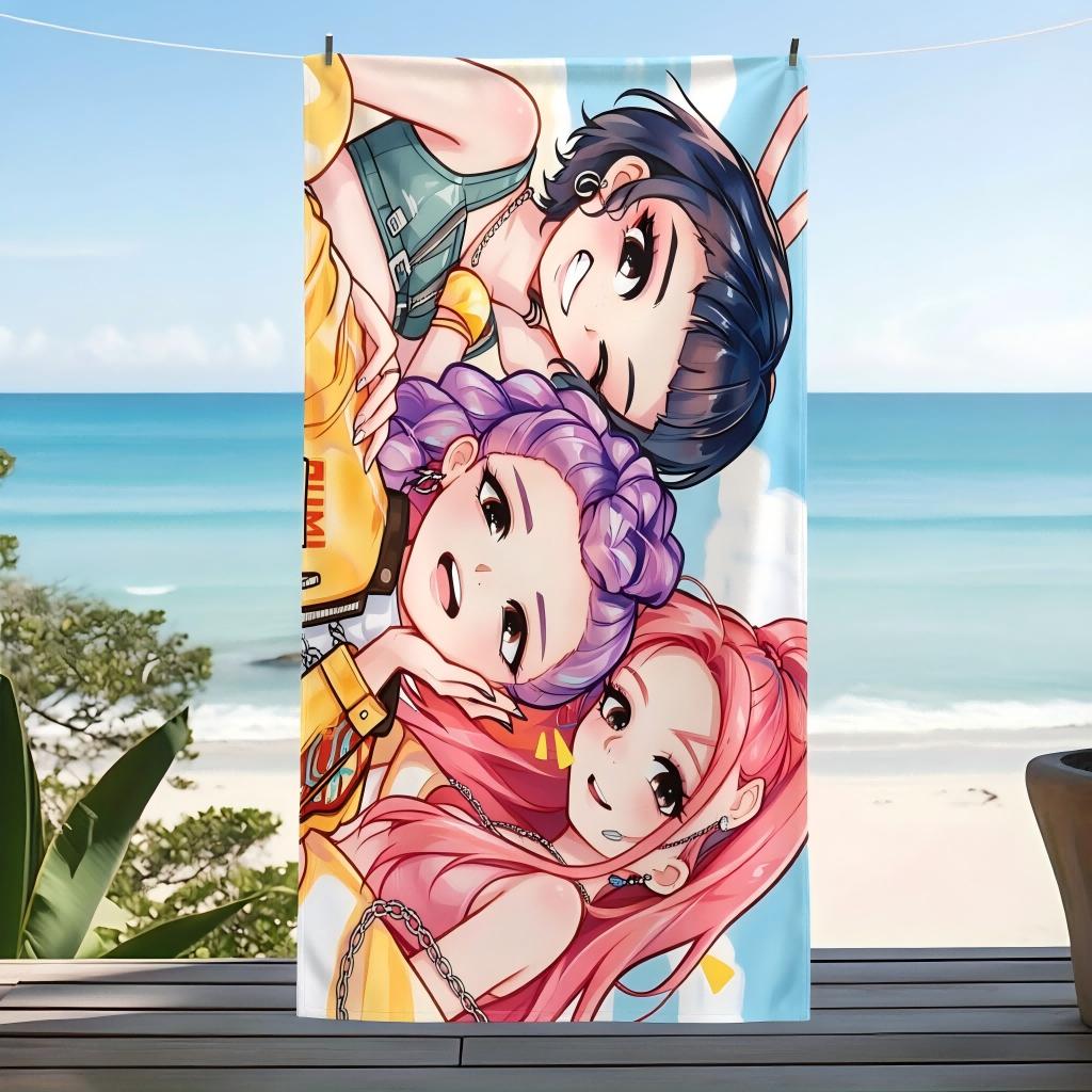 Cute Chibi Anime K-pop Girls Printed Beach Towel Bath Blanket Portable Decor Gift For Fans Kids Girls Pool Picnic Summer Travel