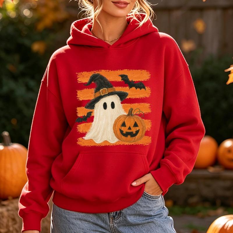 Cute Ghost Witch Hat Pumpkin Bat Hooded Top Women Spooky Season Preppy Style Autumn Pullover for Halloween Night Event Clothing