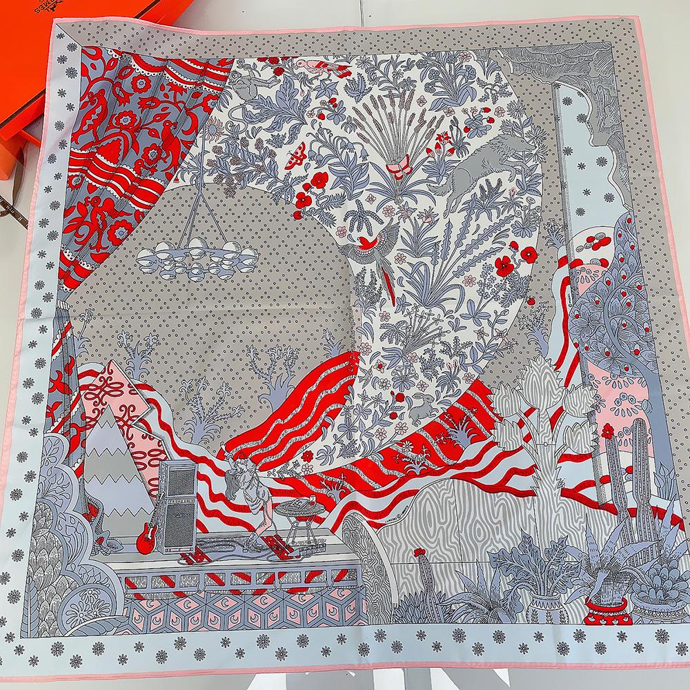 Manual Hand Rolled Twill Silk Scarf Women Concert Print Square Scarves Wraps Echarpes Curled Foulards Femme Bandana Hijabs 90CM