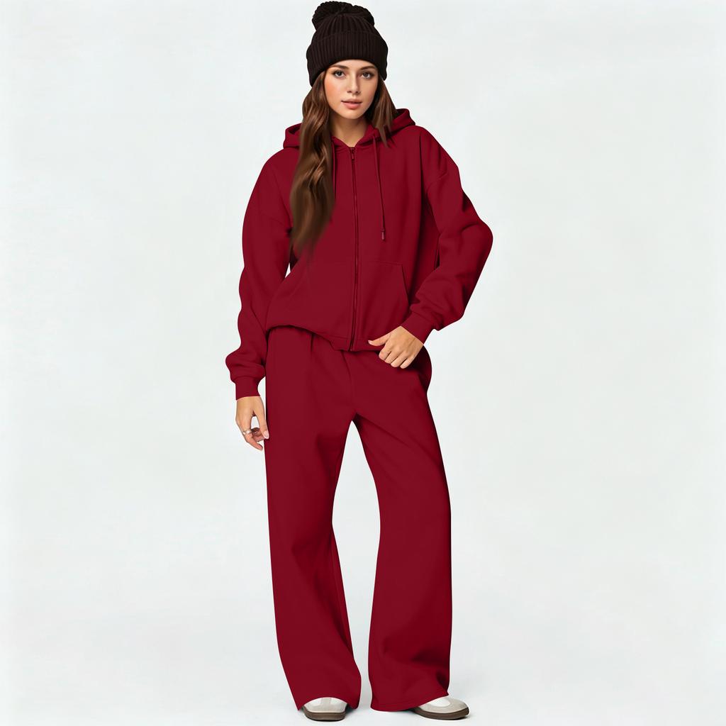 Damen Reißverschluss Hoodie und Weite Hosen 2-teiliges Set, Lockerer Trainingsanzug