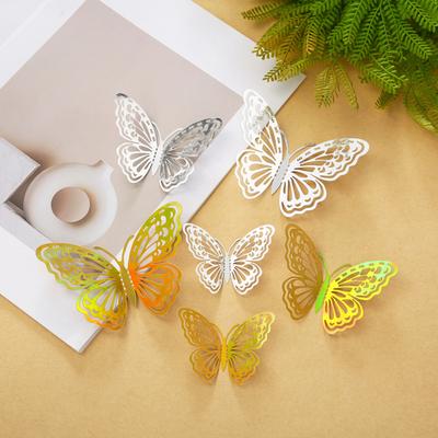 12 Stück 3D-Schmetterlings-Wanddeko 3 Größen Metallisch Hohl Schmetterlings-Aufkleber für Geburtstagsfeier Kuchen-Dekoration Abnehmbar DIY Wandkunst Wandbild für Schlafzimmer