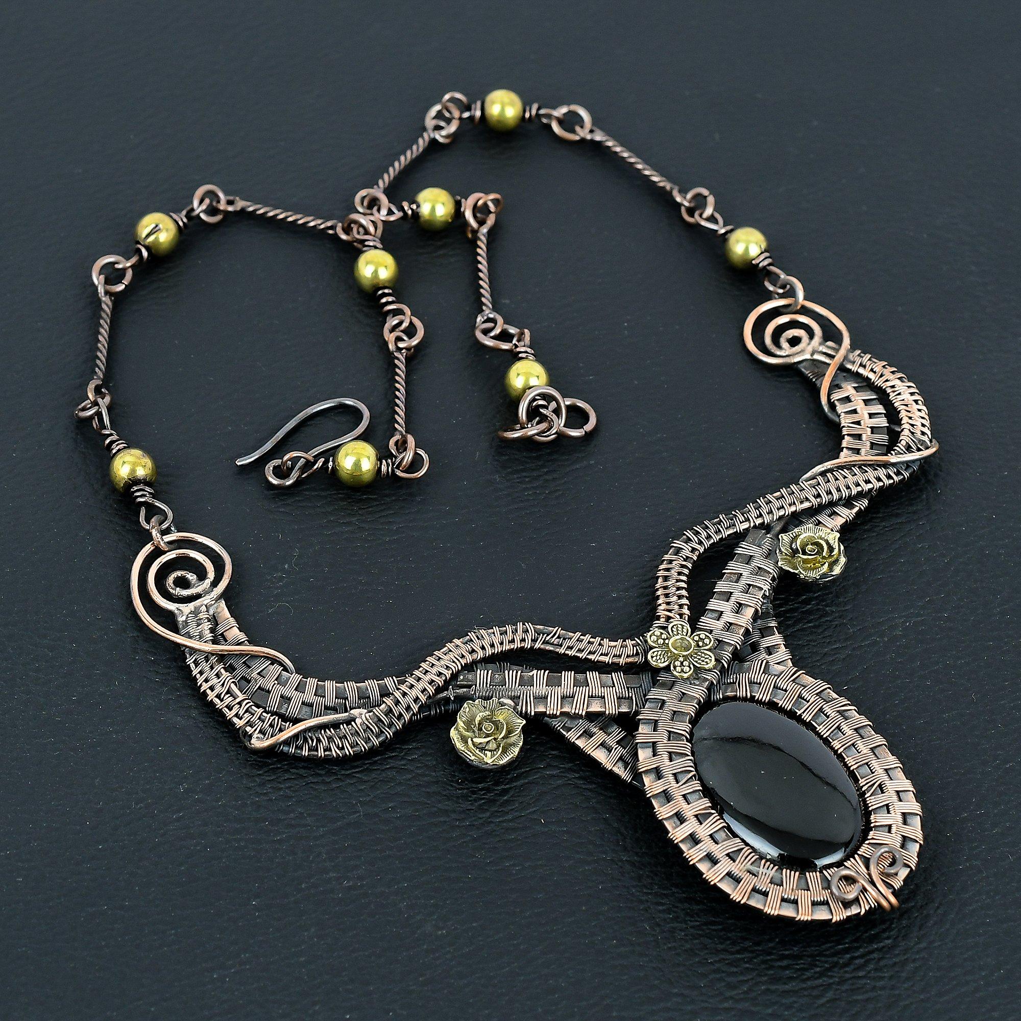 

Ожерелье из черного оникса, украшения ручной работы, ожерелье, обернутое медной проволокой 999 пробы, дизайнерские украшения с драгоценными камнями, ожерелье с регулируемой цепочкой, подарок для мамы