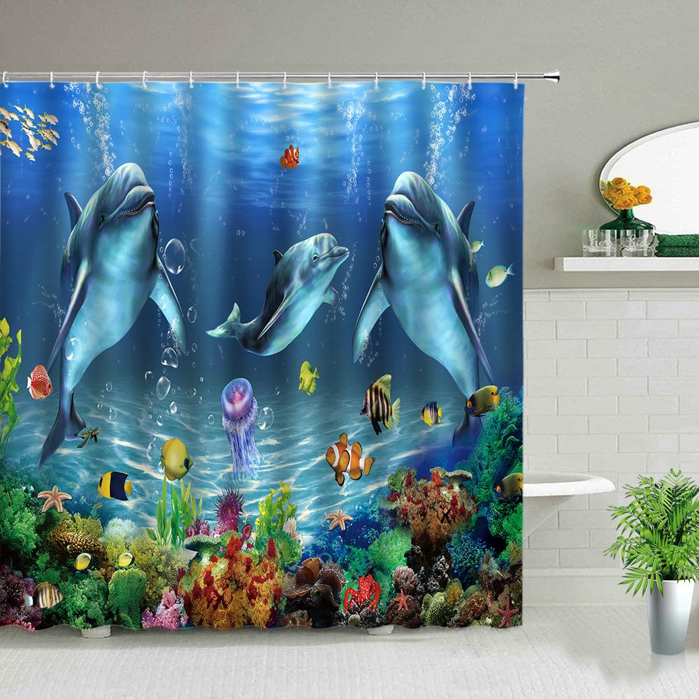 Funny Dolphin Shower Curtains Cute Ocean Animal Blue Seawater Sea Wave Scenery Bathroom Decor Cloth Hanging Curtain With Hooks