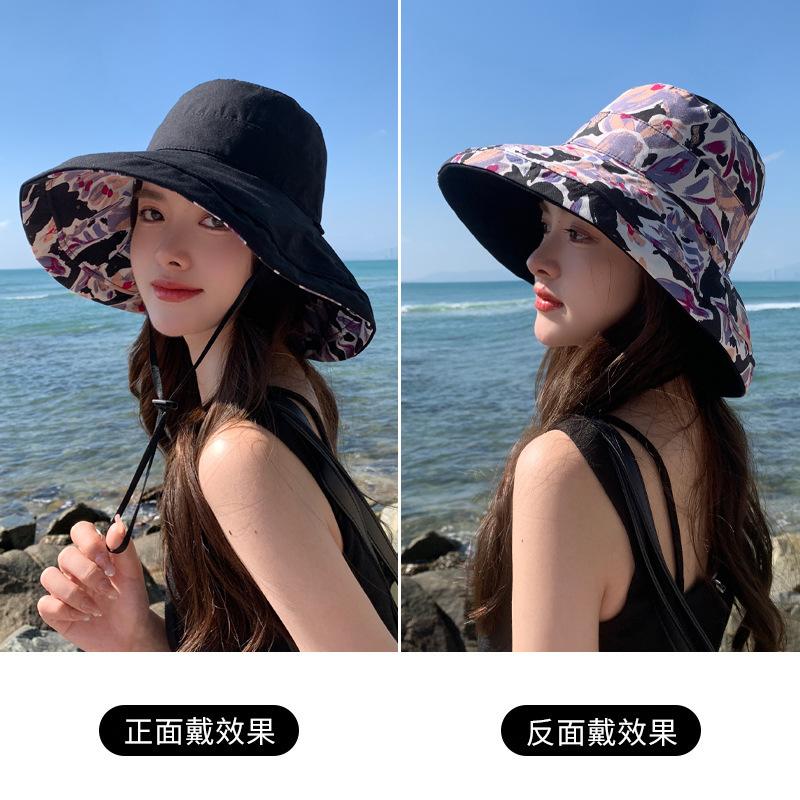 Flower bucket hat women's spring and summer sunscreen sunshade UV protection casual big eaves cover face big head circumference double basin hat