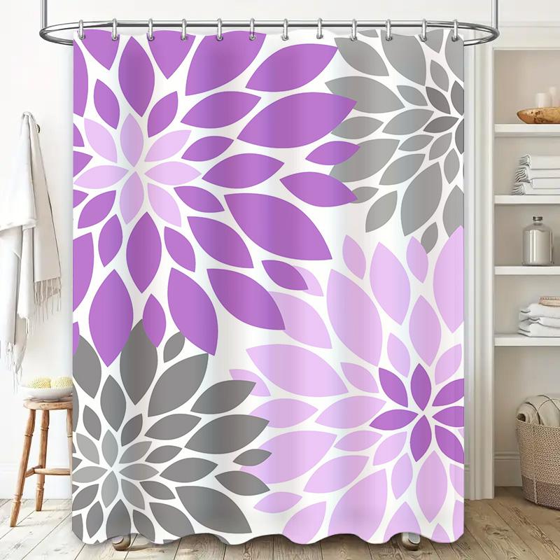 Luxury Floral Shower Curtain Set, Purple Gray, Waterproof Fabric with Hook Rings for Bathtub Decoration Home Bathroom Accessorie