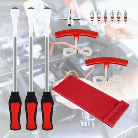 Car Tire Removal Tool Carbon Steel Spoons Set, Tools Include 3 Pieces Spoons, 2 Rim Industrial Grade Pry Protector, 1 Piece Wrench, 6 Valve