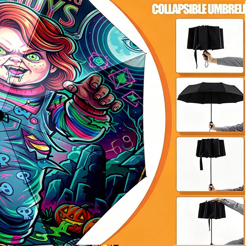 Custom Name Personalized Horror Theme Chucky Print Umbrella, Auto Open Close, 8‑Rib Sturdy Frame, Commute Camping Hiking Use, Birthday Gift