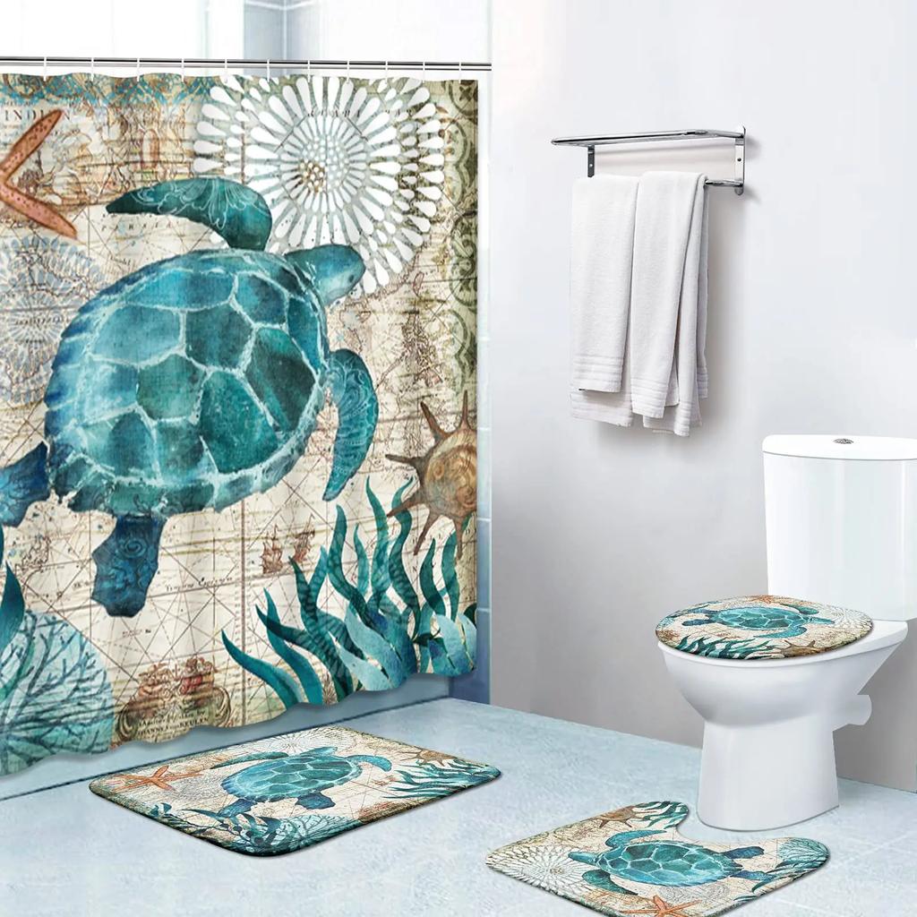 Sea Turtle Shower Curtain Set Non-Slip Rugs Toilet Lid Cover Bath Mat Nautical Ocean Bathroom Curtains Set Durable Waterproof