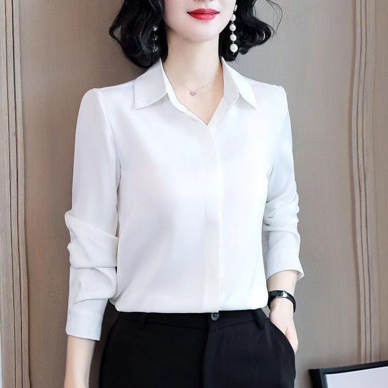 

Весна Осень Новый Корейский Стиль Температурный Однотонный Имитация Шелка Сатин Топ с Длинным Рукавом Женский Профессиональный Воротник ПОЛО XL белый