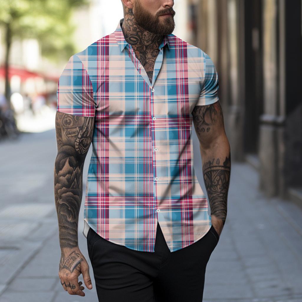 Men's Spring Summer Casual Plaid Printing Lapel Short Sleeve Men's Shirt Men's Top