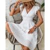 Fashion White Hollow Lace Midi Dresses Women Summer V Neck Ruffle Sleeve Dress Elegant Office Lady Casual Beach Holiday Sundres
