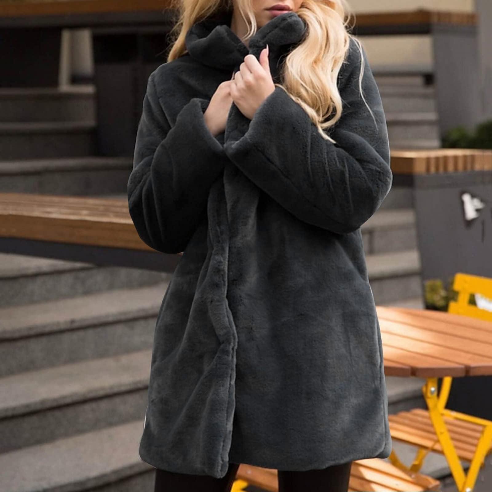 

Жіноча зимова плюшева тепла куртка зі штучним поясом і кишеньковим пальто з лацканами, верхній одяг середньої довжини M чорний