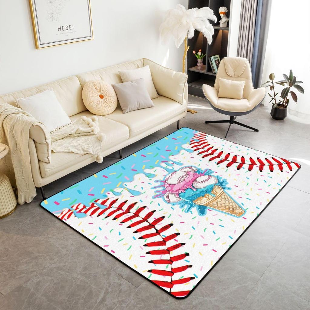 Erosebridal Navy Blue Baseball Ice Cream Area Rug 4'11" X 3'3" Ice Cream Drip Living Room Rugs Non Slip Baseball Glove Decorative Carpets Cu