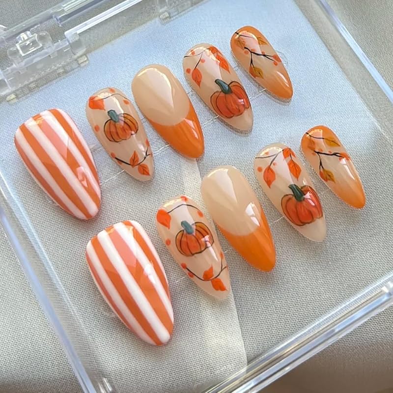 30Pcs Fall Press On Nails Medium Almond Red Maple Leaf Fake Nails with Gradient Designs Fall Leaves Stick On Nails Full Cover Autumn Acrylic Nails