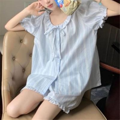 New ArrivalS Open Run Women S Check Pattern Frill Short Sleeve Pajama Set