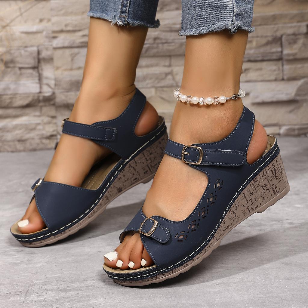 Foreign trade large size summer casual retro wedge heel thick-soled sewn shoes slippers one-character women's cool slippers