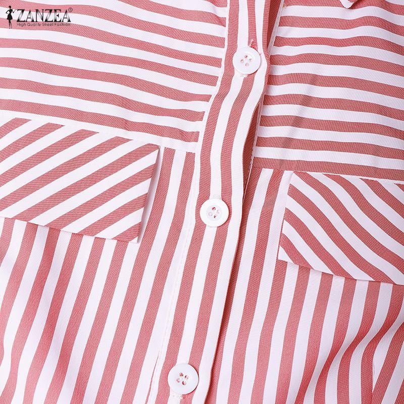 ZANZEA Women Casual Turn Down Collar Long Sleeve Loose Stripe Dress