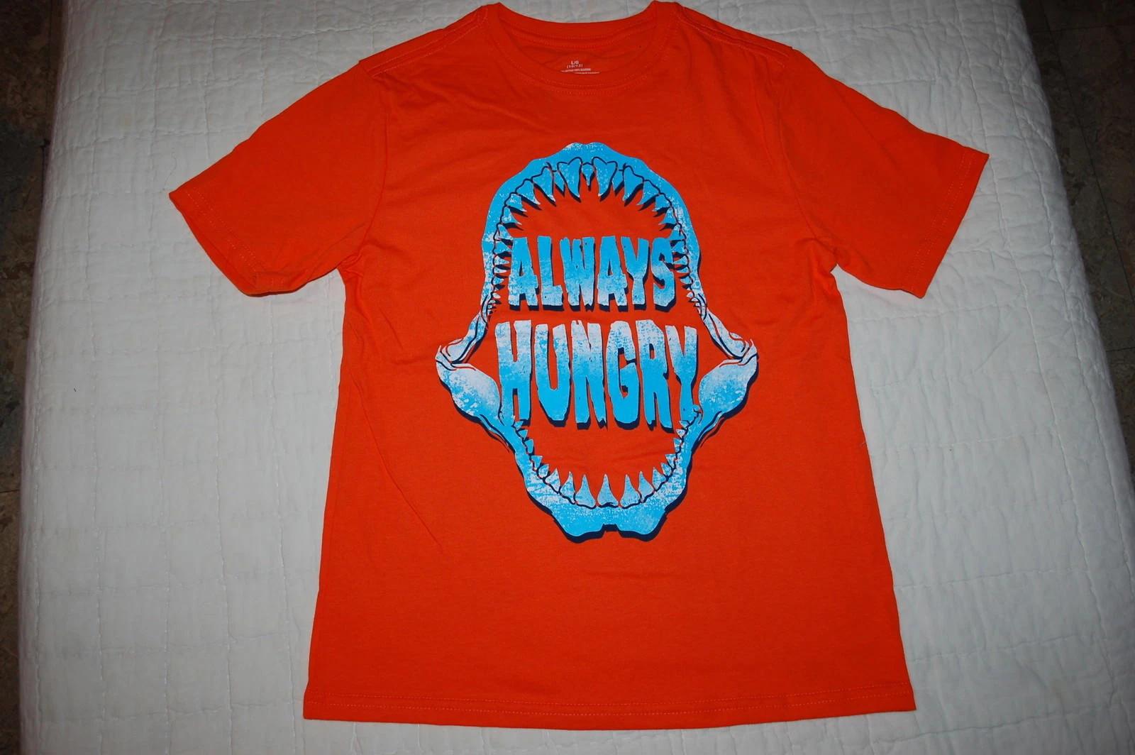 Boys S/S Tee Shirt ORANGE Shark Mouth Teeth Bite ALWAYS HUNGRY Size L 10-12 150