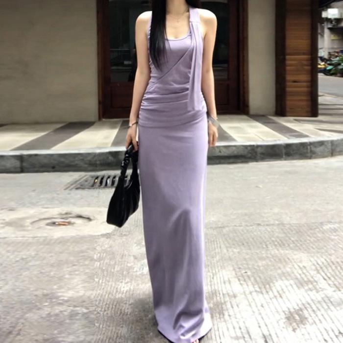 

Summer new unique purple sleeveless neck sling long dress women s niche slim-fitting design dress S лиловый
