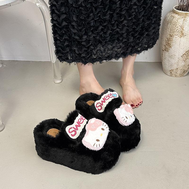 Cartoon Cute KT Cat Fluffy Slippers Women's Autumn and Winter Wear 2025 Autumn New Thick Bottom Home Indoor Cotton Mop
