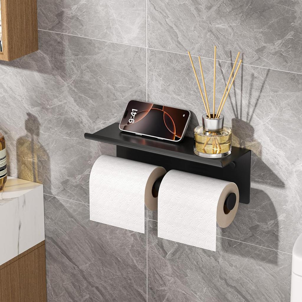Toilettenpapierhalter Edelstahl Badezimmer Doppelrollen-Tischrollenhalter mit Ablage Wandmontiert Waschraumaufbewahrung Feuchttücher-Spender