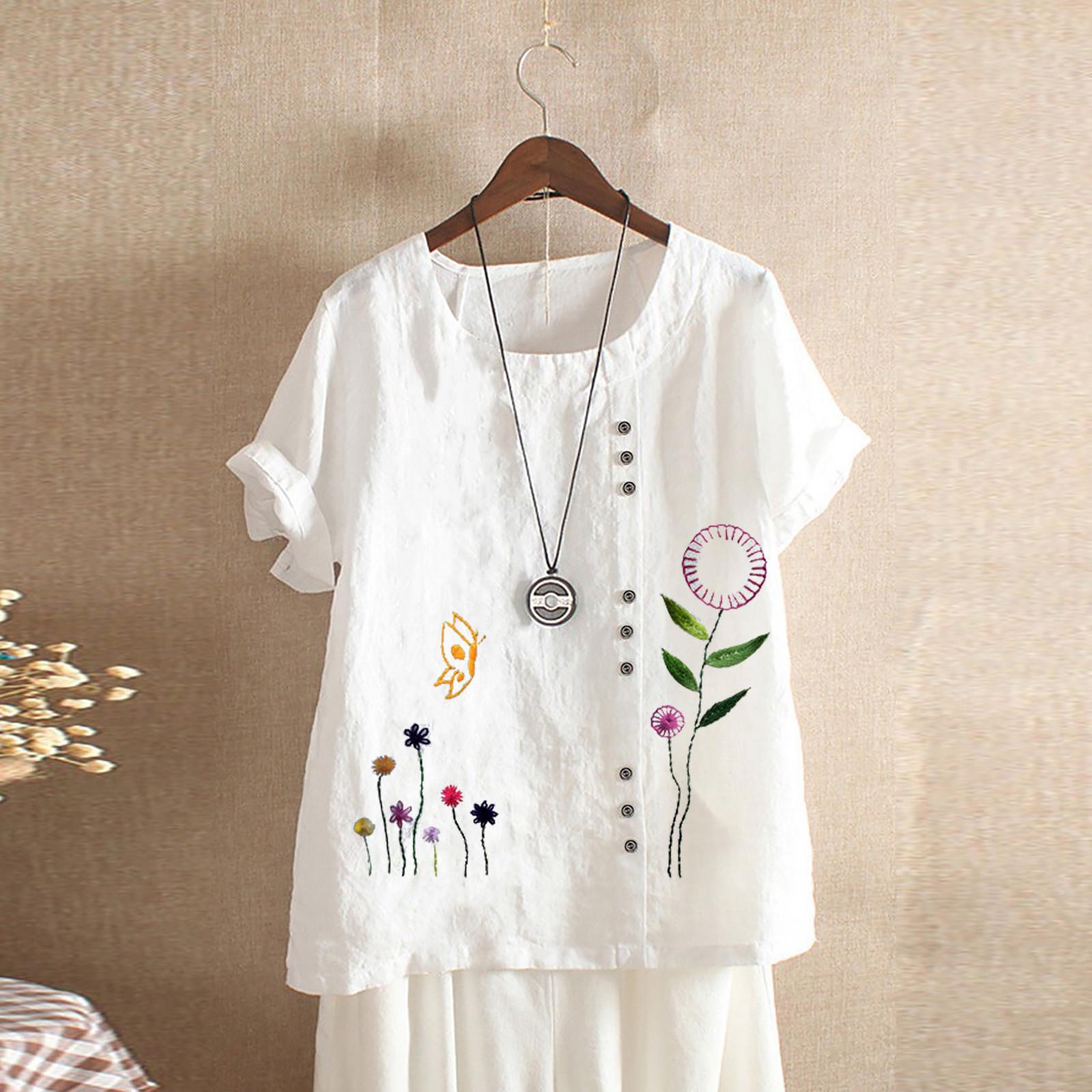 

Woman Print T-shirt Short Sleeve Round Neck Cotton Linen Top Blouse XXL білий