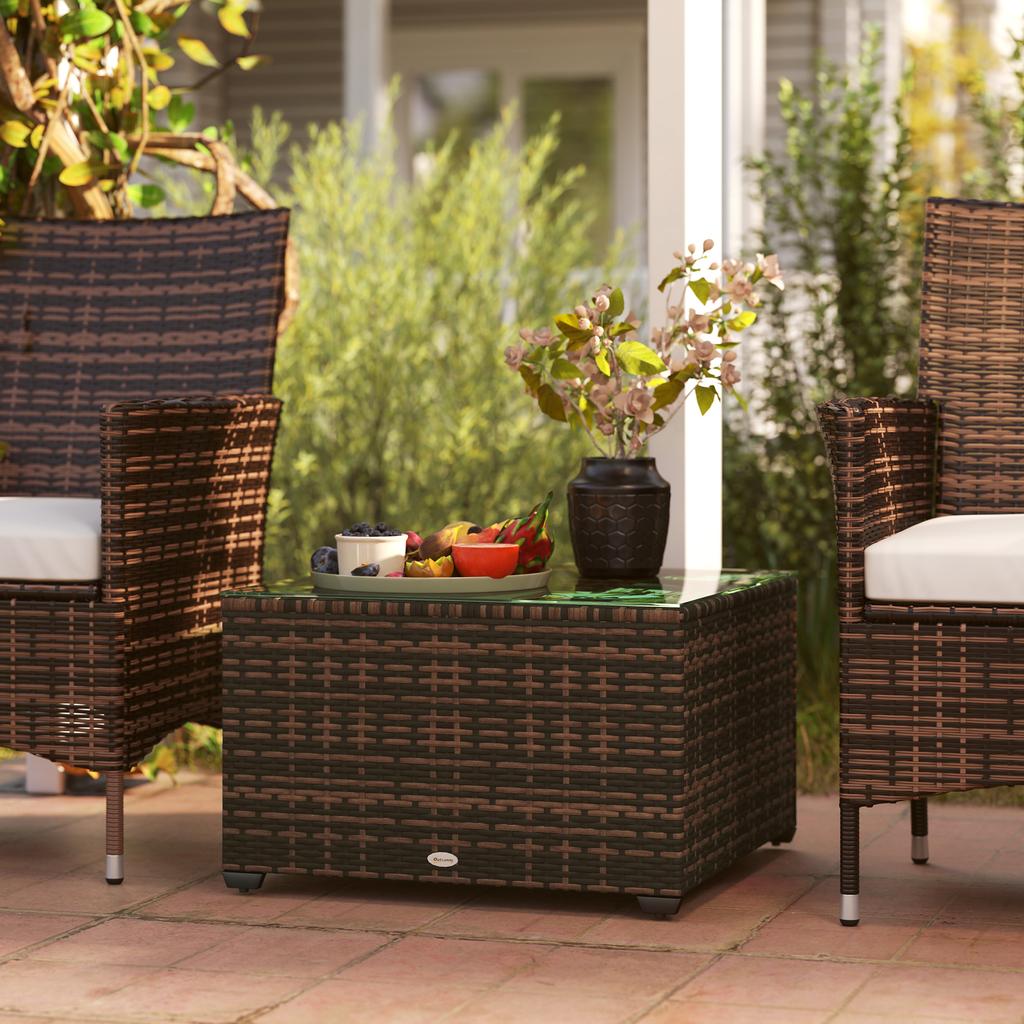 62 X 62cm Glass Top Rattan Side Table Brown