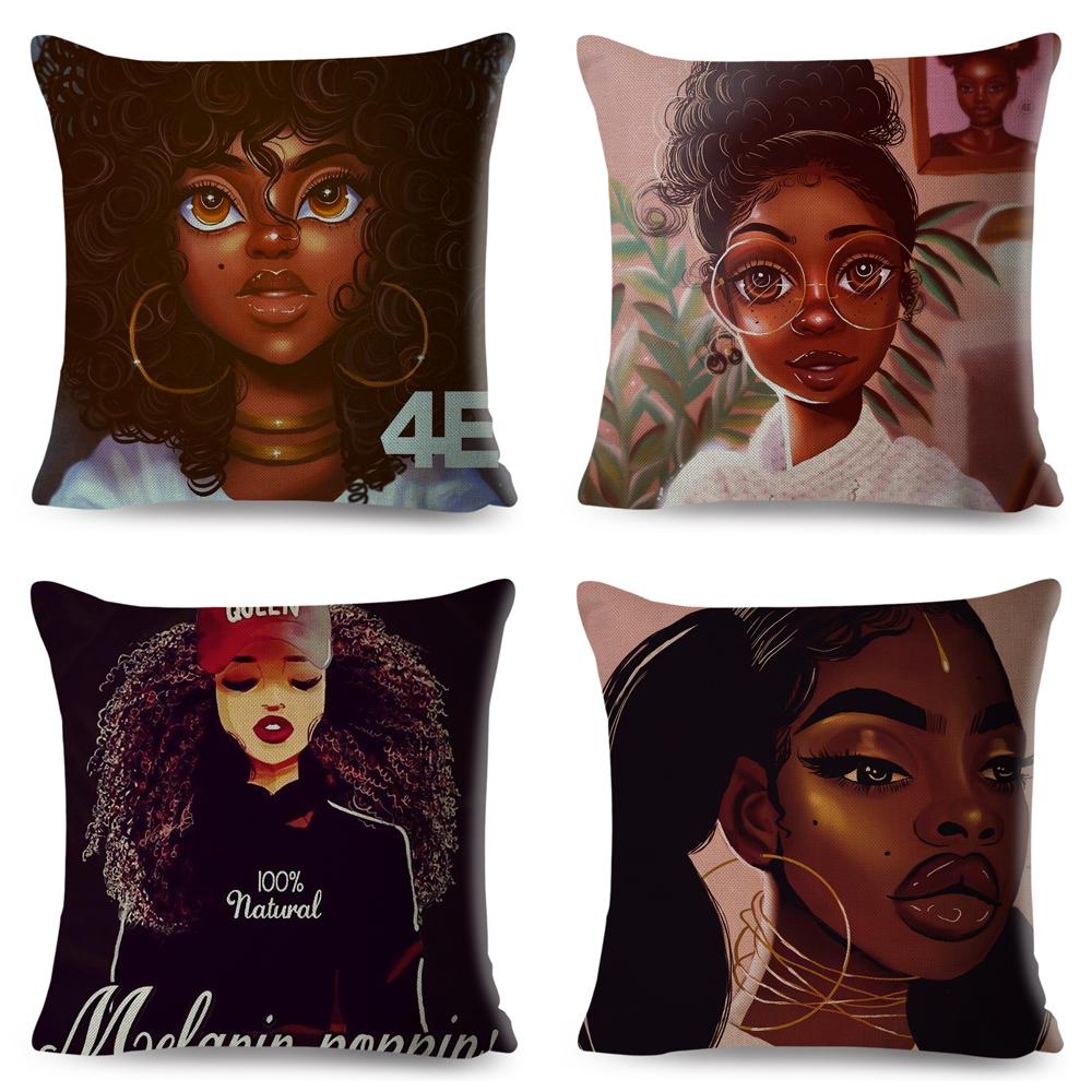 Beautiful Black Women Africa Girl Pillow Case Polyester Decor Colorful Cartoon Cushion Cover For Sofa Car Home Pillowcase 45X45