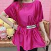 Women's Summer Casual Batwing Sleeve Waist-cinched Shirt Elegant Design Slanted Collar Solid-Color T-Shirt