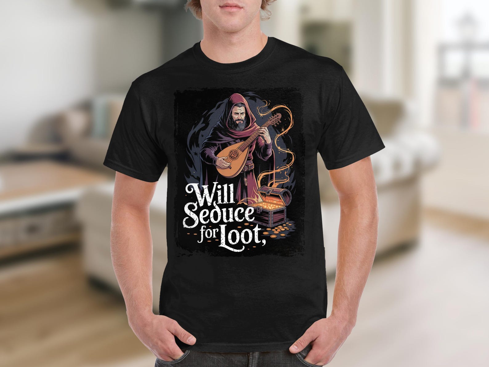 Funny Medieval Bard T-Shirt, Will Seduce For Loot Shirt, RPG Role-Playing Game Tee, Graphic Fantasy Character Top, Geeky Gamer Gift 3XL