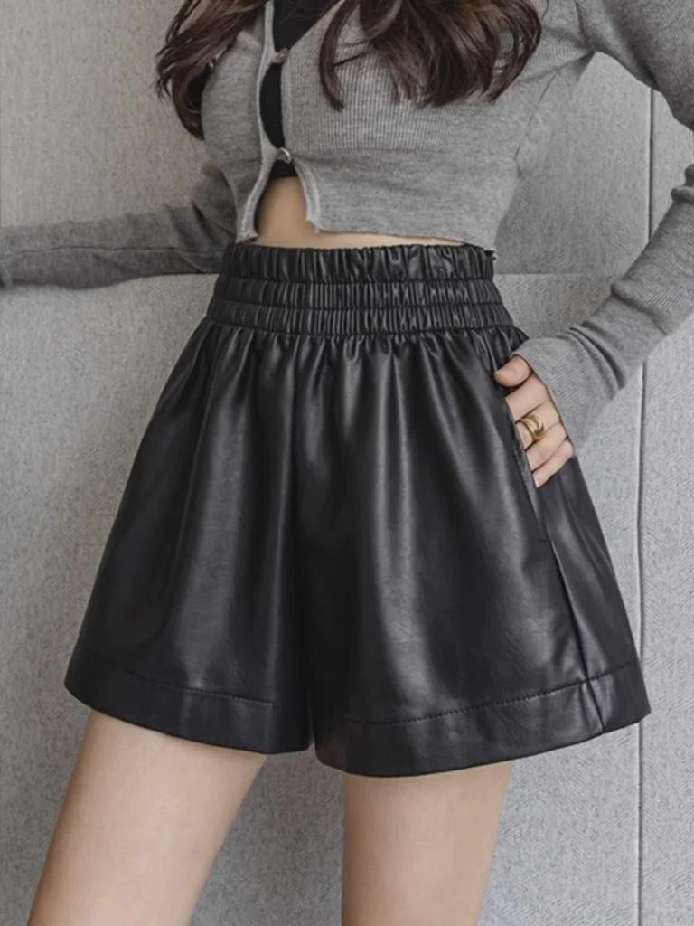 Nuovi Pantaloncini A-line Slim Neri in Ecopelle PU Coreana a Vita Alta - Pantaloni Casual a Gamba Larga per Autunno/Inverno