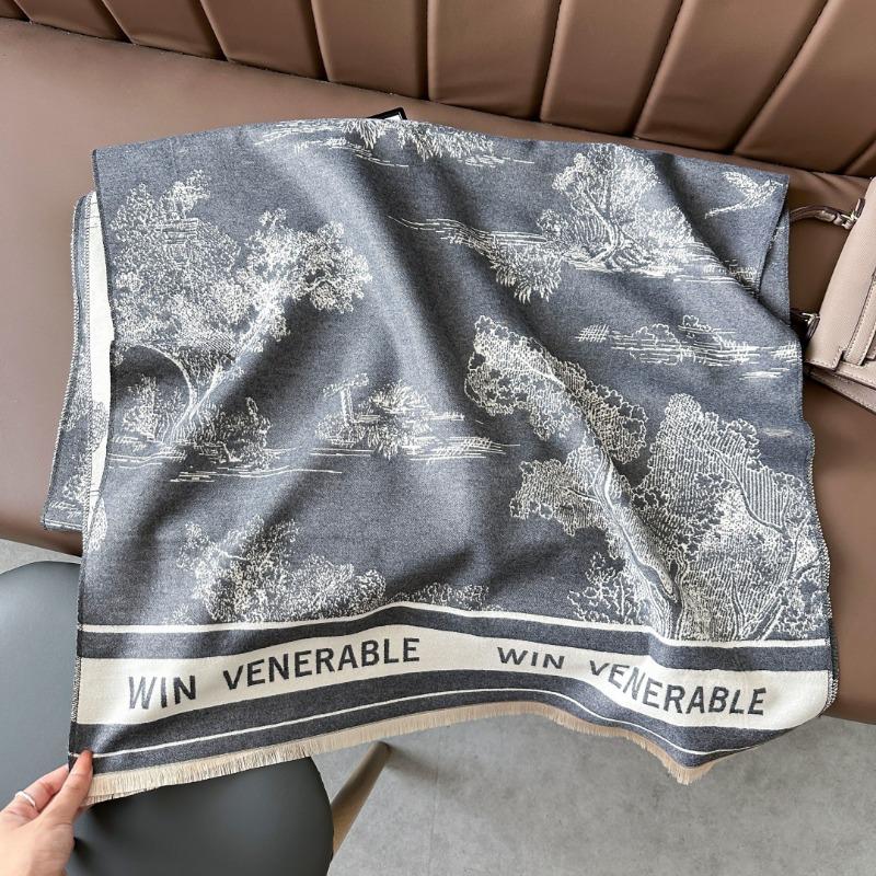 Landscape painting imitation cashmere scarf women's high-end office air-conditioned room thickened warm long trendy scarf