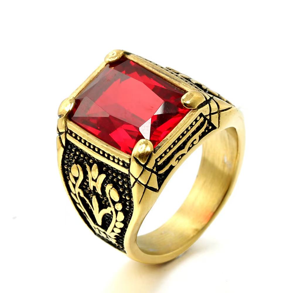 Vintage Big Green/Black/Red/Blue Color Stone Rings for Men Stainless Steel Fashion Punk Handmade Carved Tulip Ring Party Jewelry