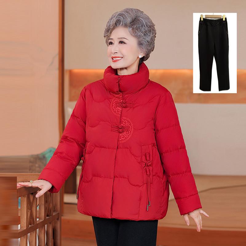 Red Chinese Style Winter Down Jacket for Middle-aged and Elderly Women: Warm, Thick Cotton Coat