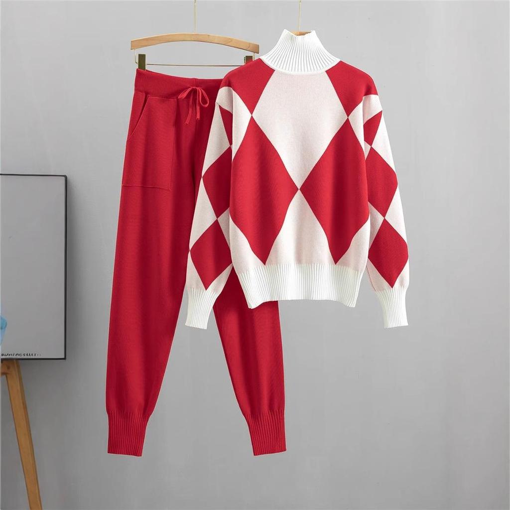 European Style Women's Casual Plaid Knit Sweater Two-Piece Set