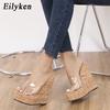 Fashion Eilyken Elegant Open Toe PVC Transparent Wood Grain Wedge Woman Slippers Fashion Ladies Beach High Heel Slide Shoes