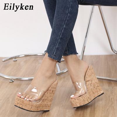 Mode Eilyken Elegant Offene Zehen PVC Transparent Holzmaserung Keilabsatz Damen Hausschuhe Mode Damen Strand Hoher Absatz Schlupfschuhe