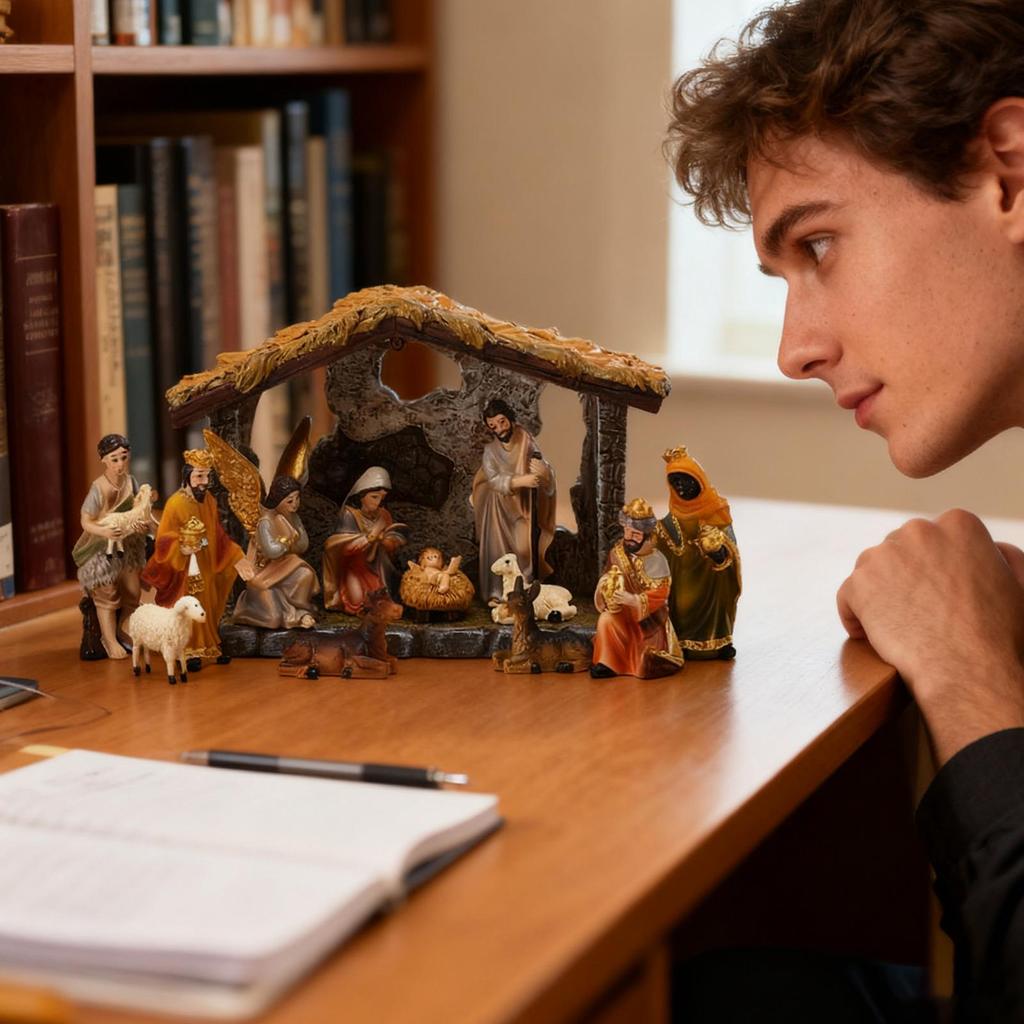 Christmas Nativity Set Manger Scene with Baby Jesus Figurines Christian Holiday Decor for Home, Living Room & Church