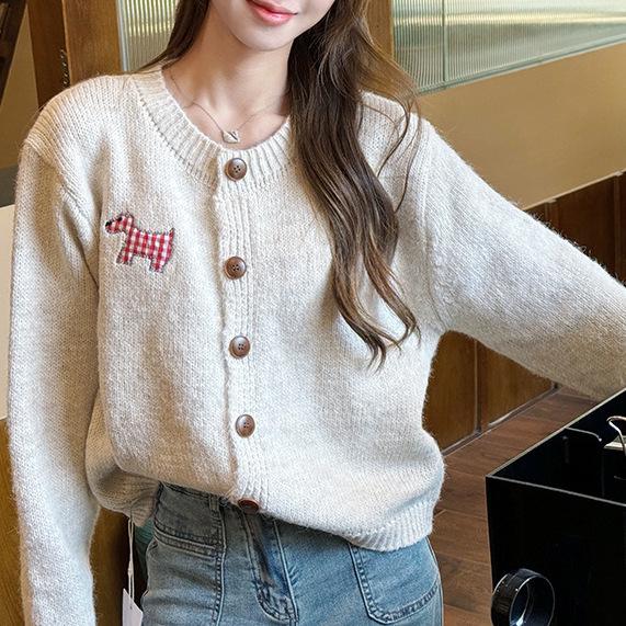 Korean Candy Color Cardigan, Spring/Autumn, Round Neck, Long Sleeve, Sweet & Gentle Style Knitwear