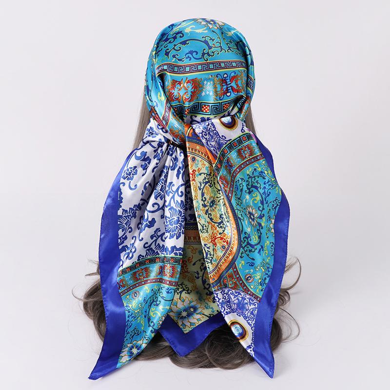 Satin Square Scarf for Women Muslim Hijab Elegant Print Silk Neckerchief Shawl Wraps Headband Bag Handle Bandana Islamic Turban
